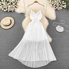 V-neck A-line pleated dress Women's summer dress