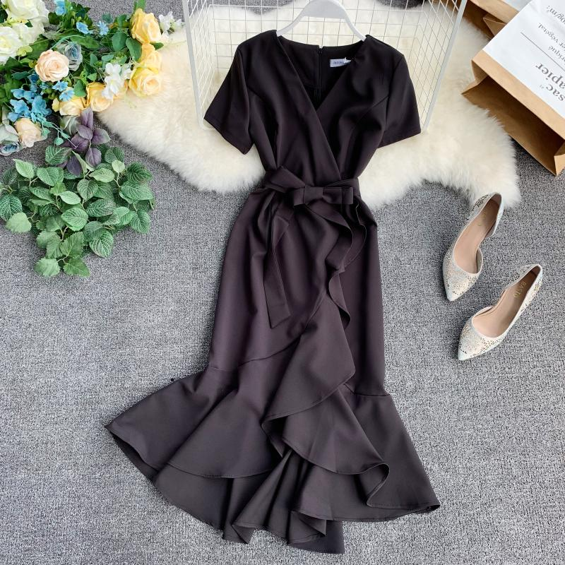 chic v neckline high low spring summer dress