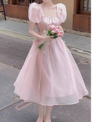 Pink backless dress summer puff sleeve long dress