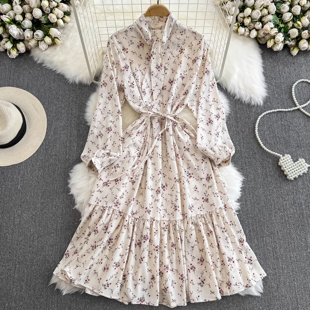 Lantern long-sleeved stand-collar mid-length a-line ruffle floral dress