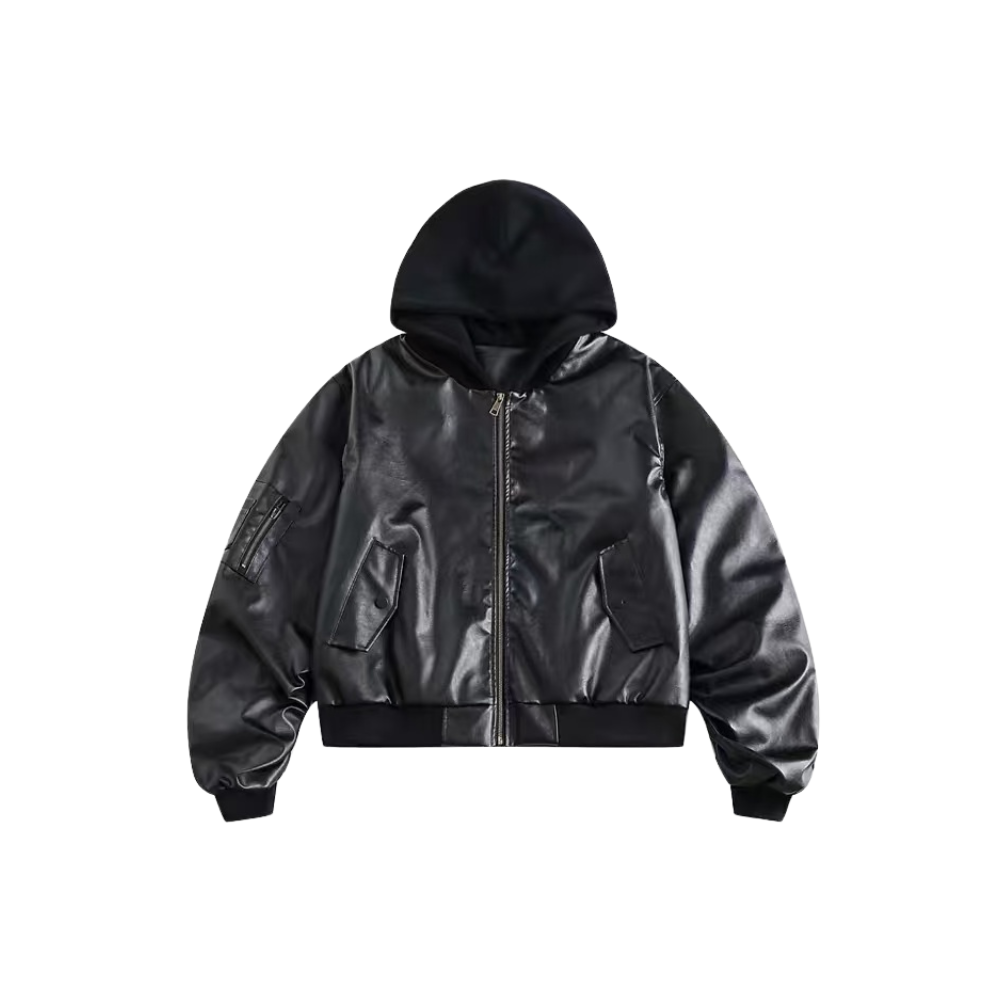 chaqueta de cuero con capucha