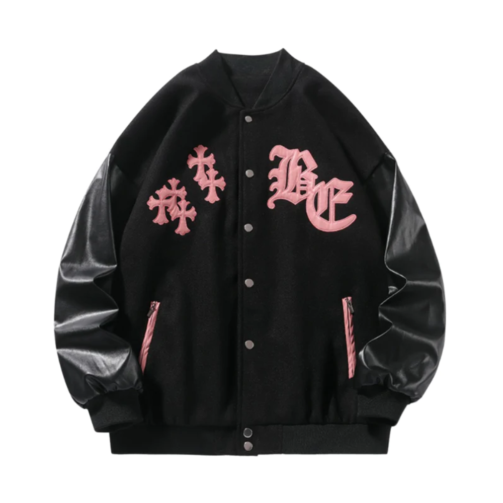 Chaqueta de béisbol con bordados de cruz estilo hip hop vintage