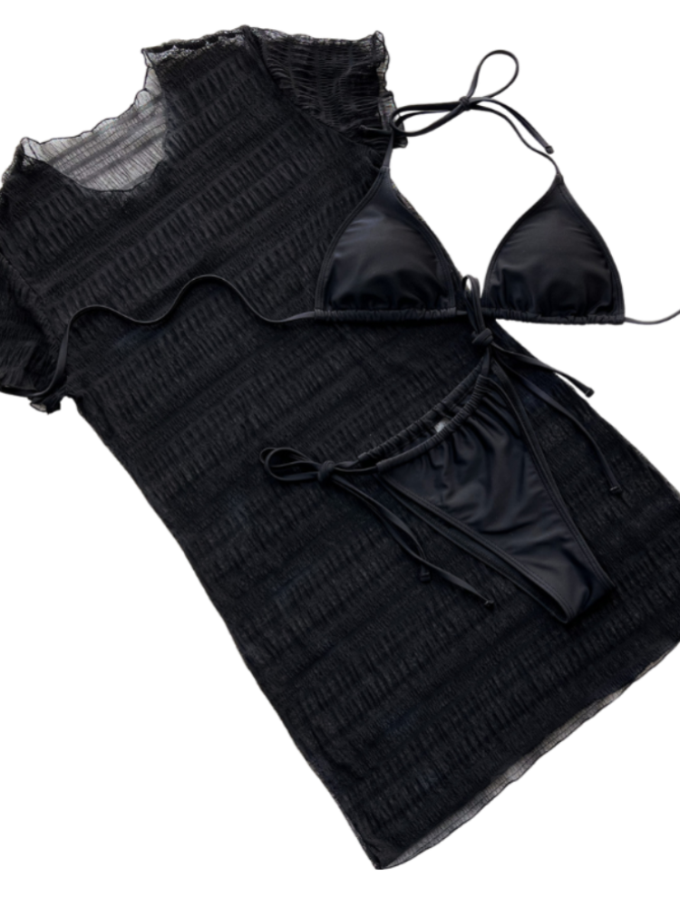 3 Pieces Split Solid Black Color Swimsuit