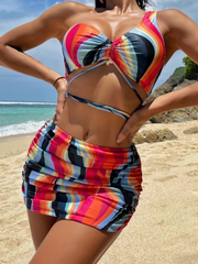 Wave Striped Print Three Pieces Bikini Set