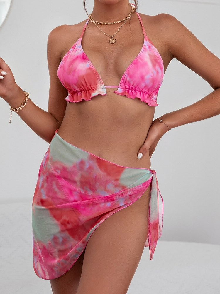 Dreiteiliges Bikini-Set mit Batikmuster und Sarong