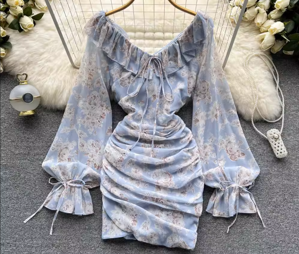 Pink Floral Fairy Dress Summer New Chiffon V-neck Wrap Dress
