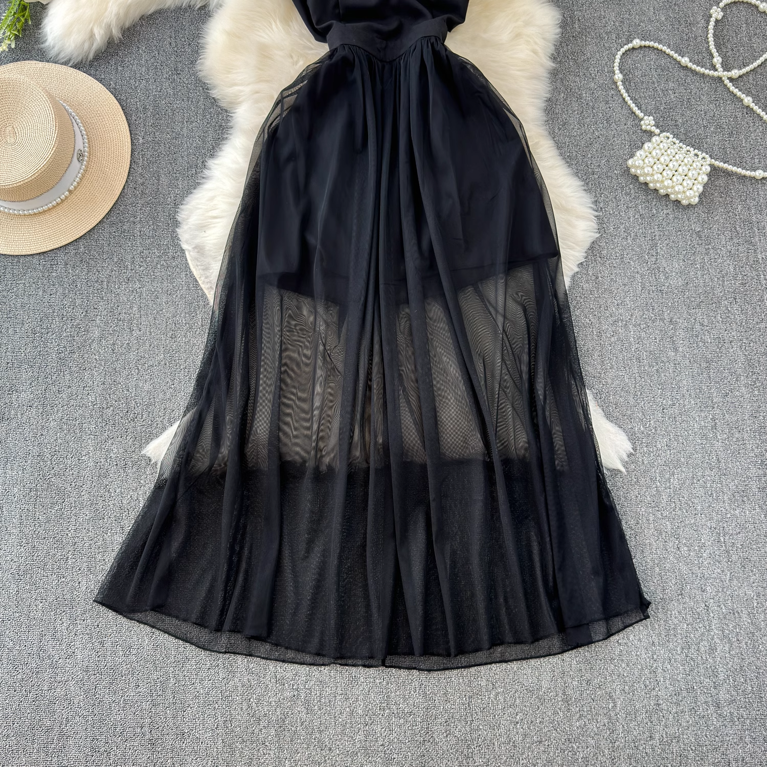 Black A-line V Neck Tulle Dress