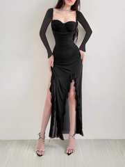 Lila Kleid aus Netzstoff mit Rüschen und langen Ärmeln