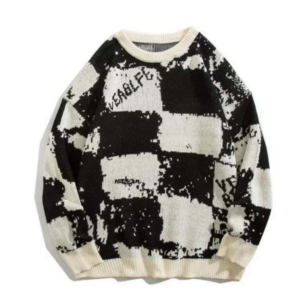 Loose Contrast Checkerboard Sweater