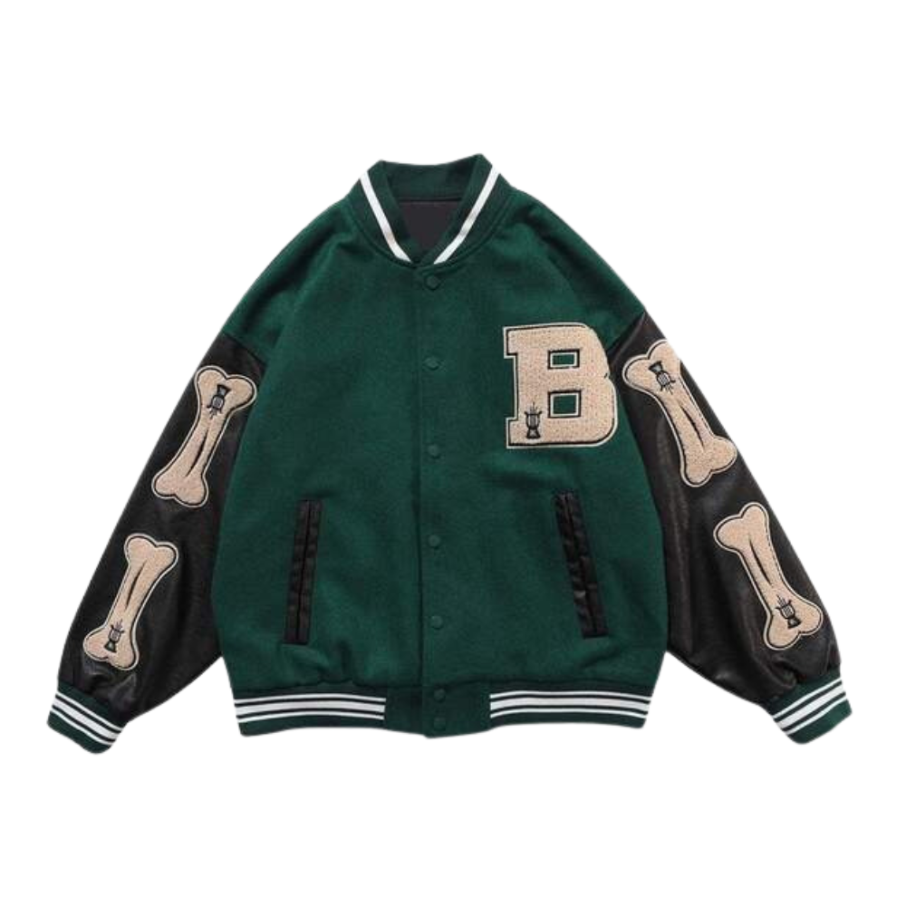 Chaqueta de béisbol con bordado de esqueleto de letras