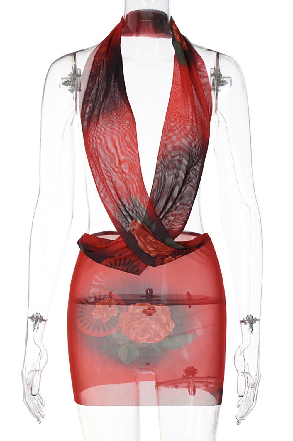 Halter Neck Crossover Design Bodycon Floral Print Mini Dresses - Red