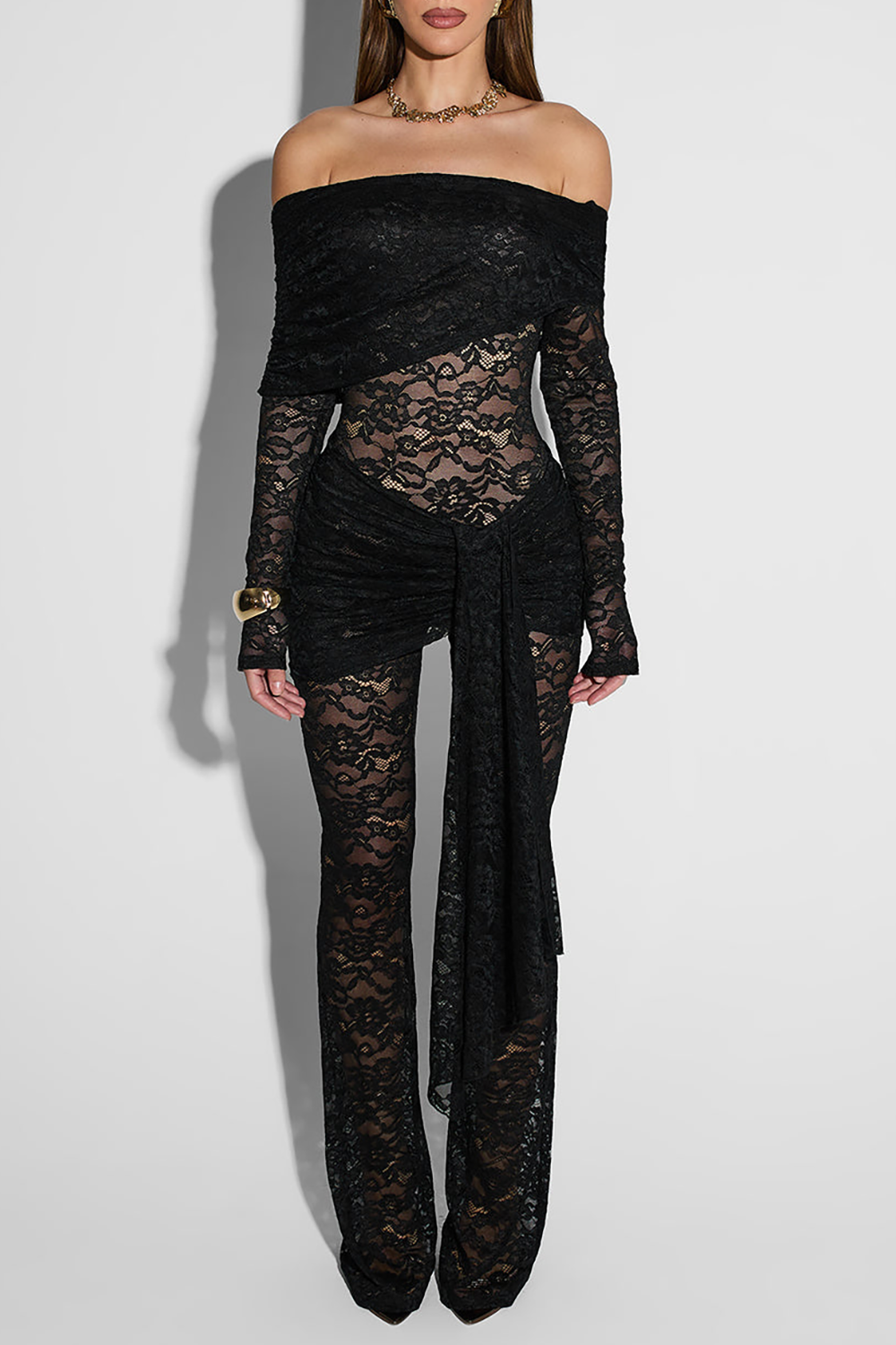 Floral Lace Off Shoulder Long Sleeve Tie Up Sash Jumpsuit - Black