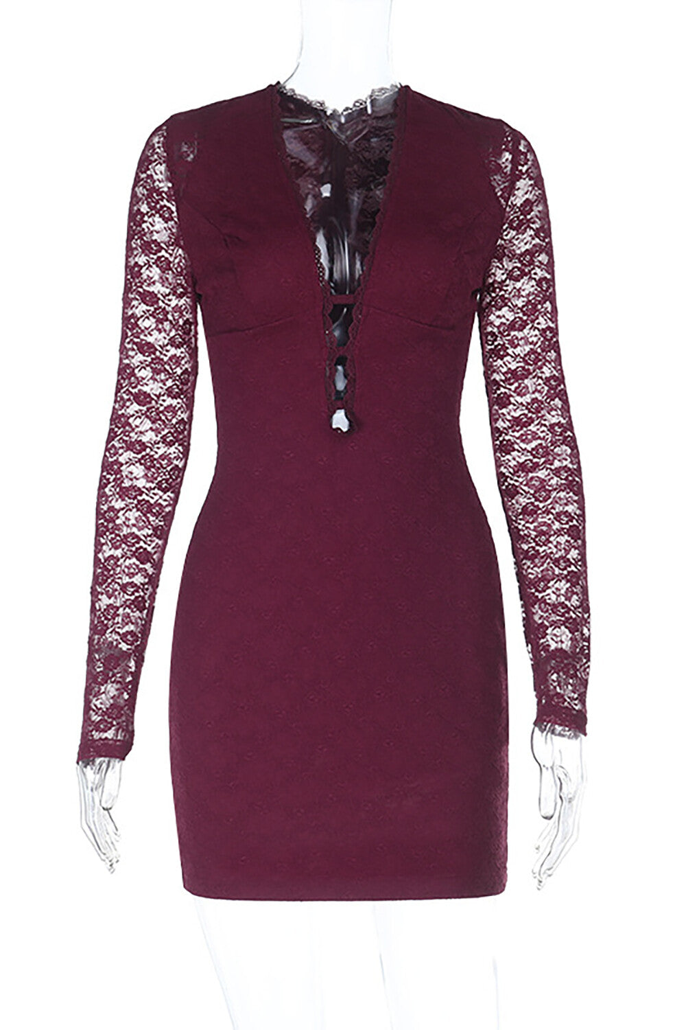 Lace Patchwork Long Sleeve Deep V Neck Fitted Mini Dresses - Burgundy