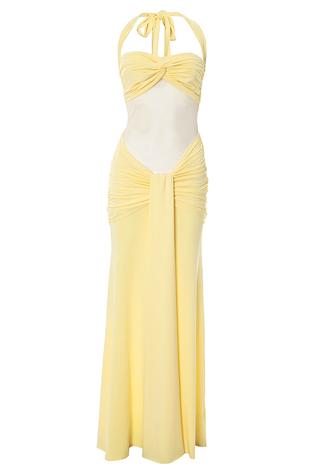 Halter Neck Mesh Patchwork Ruched Streamer Slim Fit Maxi Dresses - Yellow