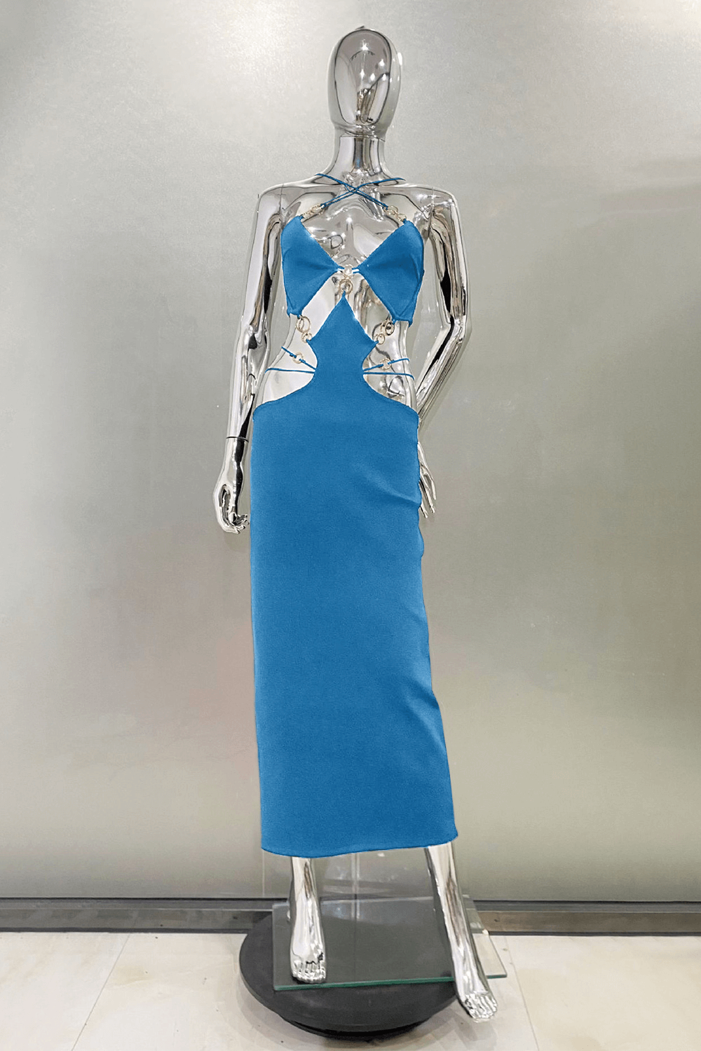 Deep V Neck Cutout Slim Fit Slip Midi Dresses - Blue