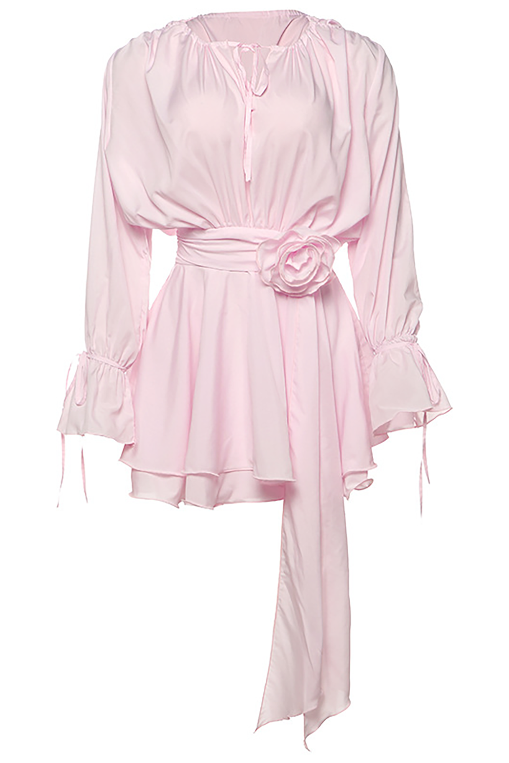 Tie Up Long Sleeve 3D Flower Decor Tiered Hem Solid Color Mini Dresses - Pink