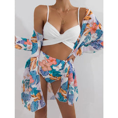 Tropical Three Pieces Printed Cover Up Bikini Set For Women