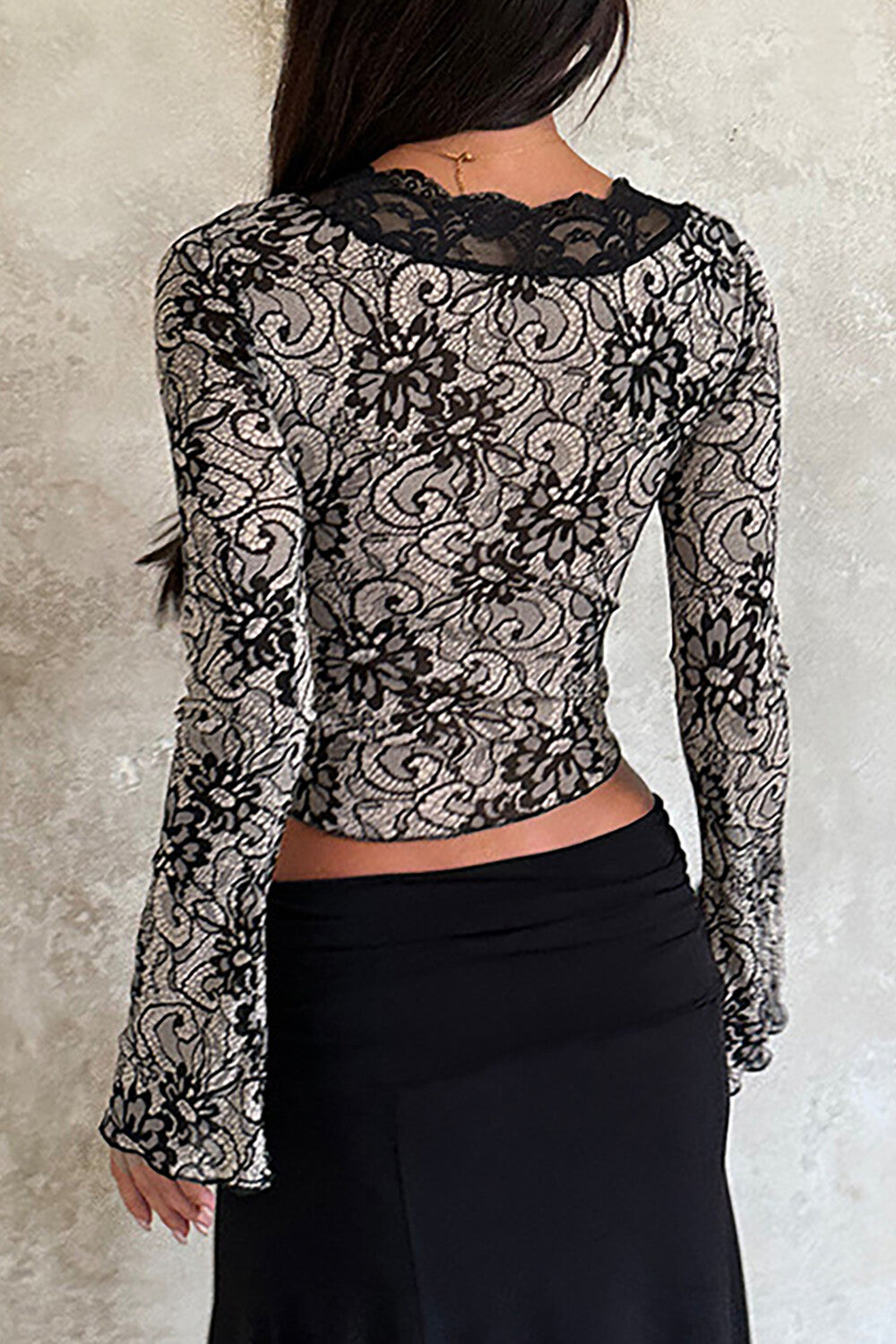 Jacquard Lace Deep V Neck Long Sleeve Slim Fit Crop Top - Black