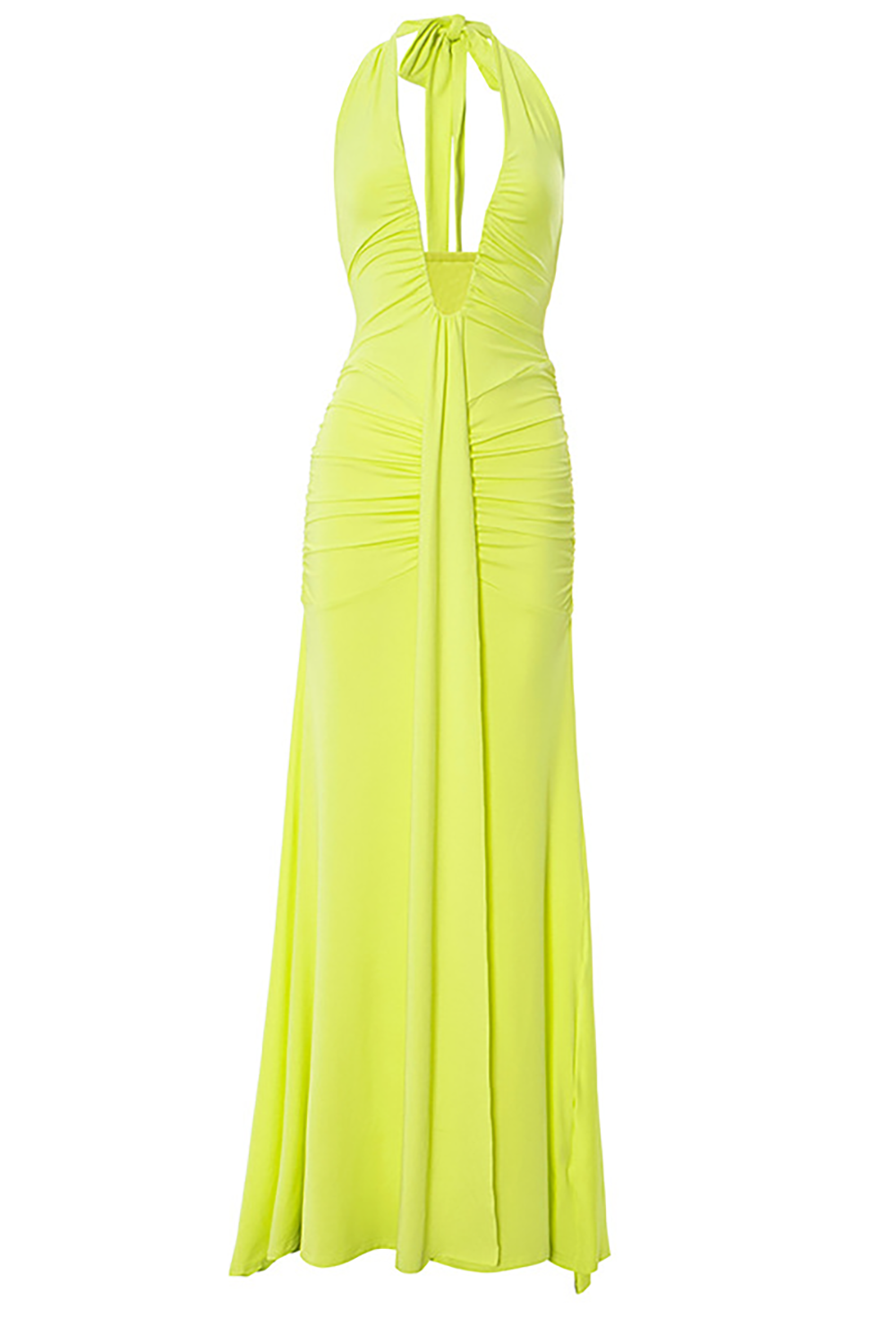 Deep V Neck Ruched Bodycon Solid Color Halter Maxi Dresses - Green
