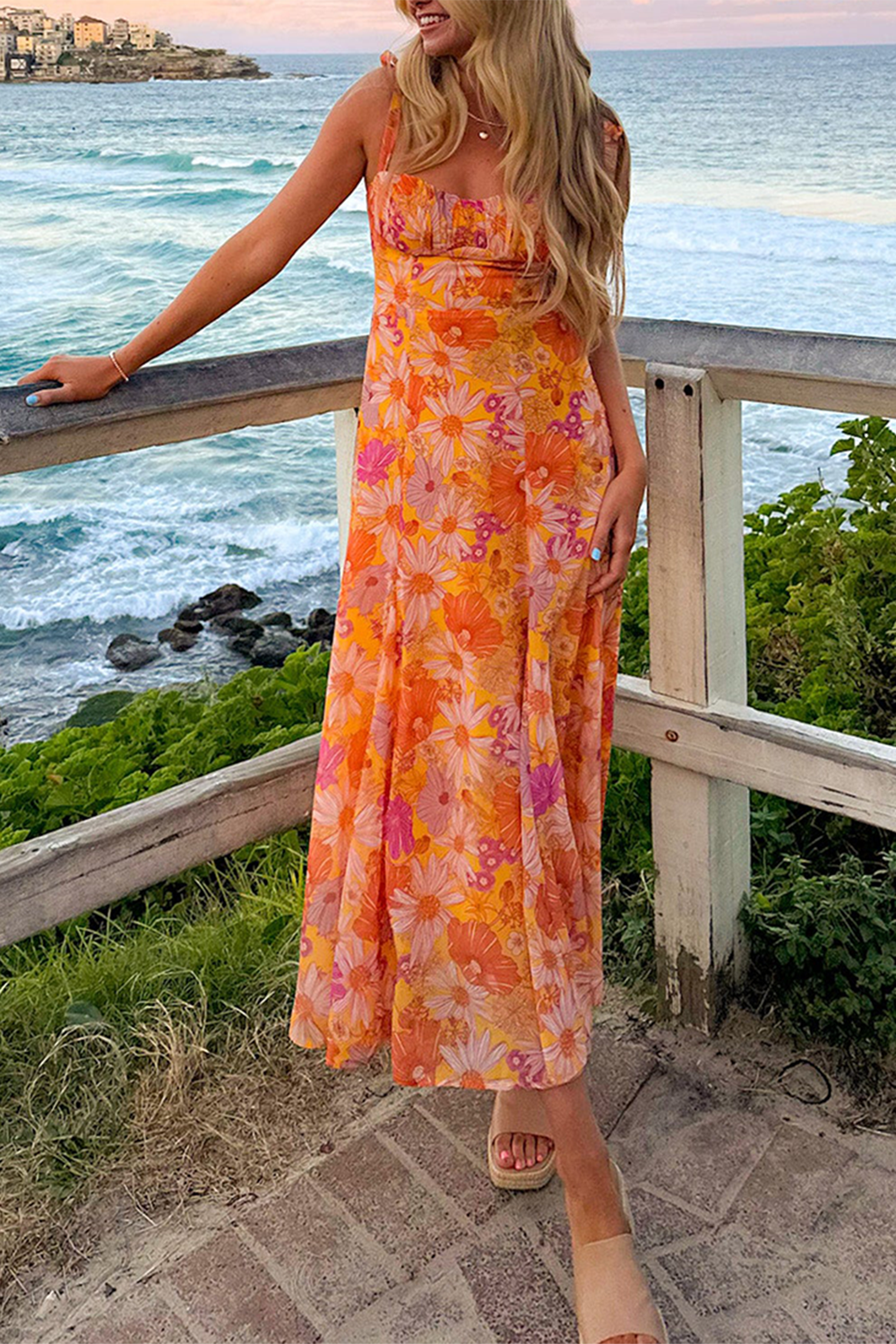 Floral Print Boat Neckline Tie Up Wide Strap A - Line Midi Dresses - Orange