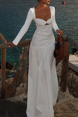 Irregular Neckline Long Sleeve Cutout Semi - Fitted Plain Maxi Dresses - White