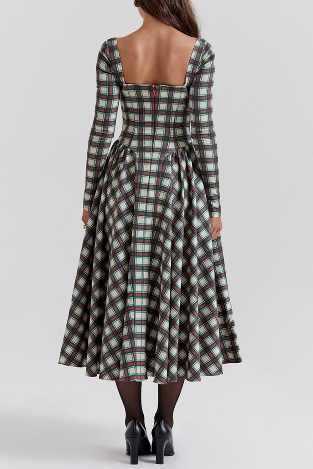 Plaid Pattern Long Sleeve Corset A - Line Pleated Midi Dresses - Red