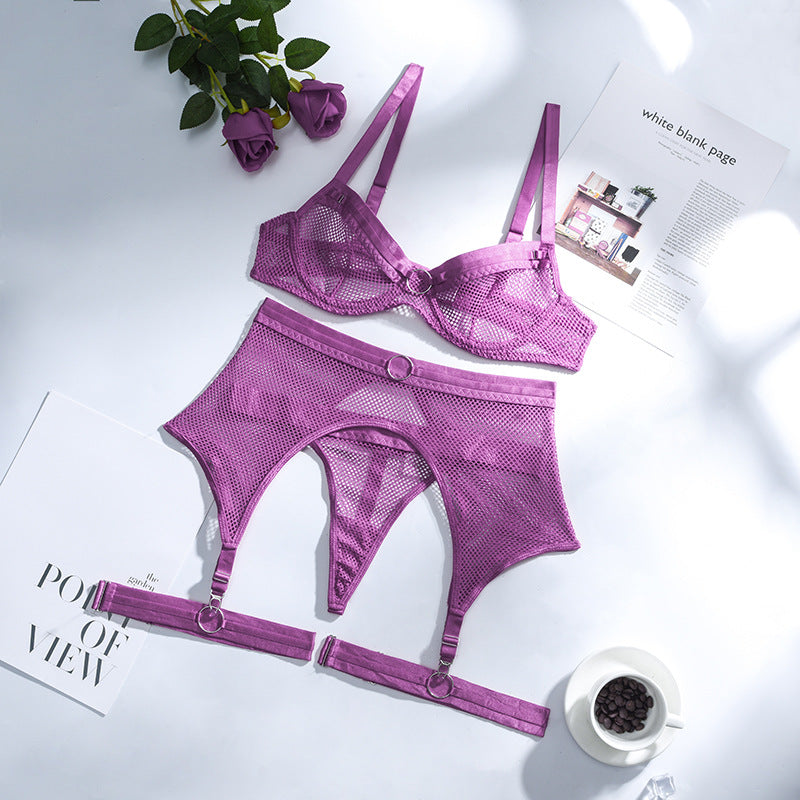 Gorgeous Lace Mesh Cross Strap Garter Three-Piece Split Suit