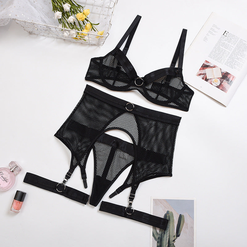 Gorgeous Lace Mesh Cross Strap Garter Three-Piece Split Suit