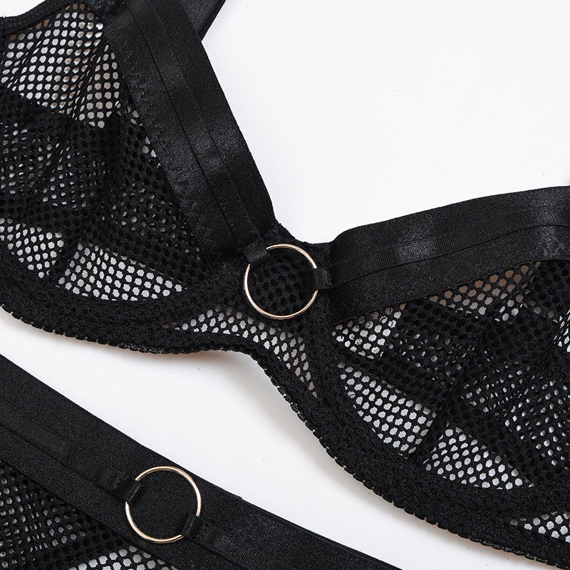 Gorgeous Lace Mesh Cross Strap Garter Three-Piece Split Suit