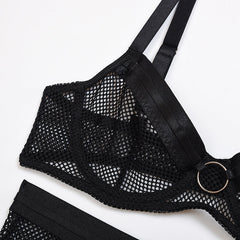 Gorgeous Lace Mesh Cross Strap Garter Three-Piece Split Suit