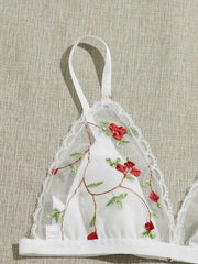 Dainty Red Embroidered Flowers Two-Piece Underwear