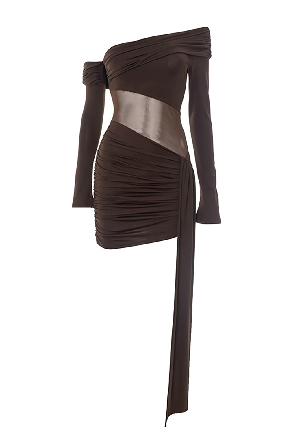 Off Shoulder Long Sleeve Sheer Waist Ruched Fitted Sash Mini Dresses - Brown