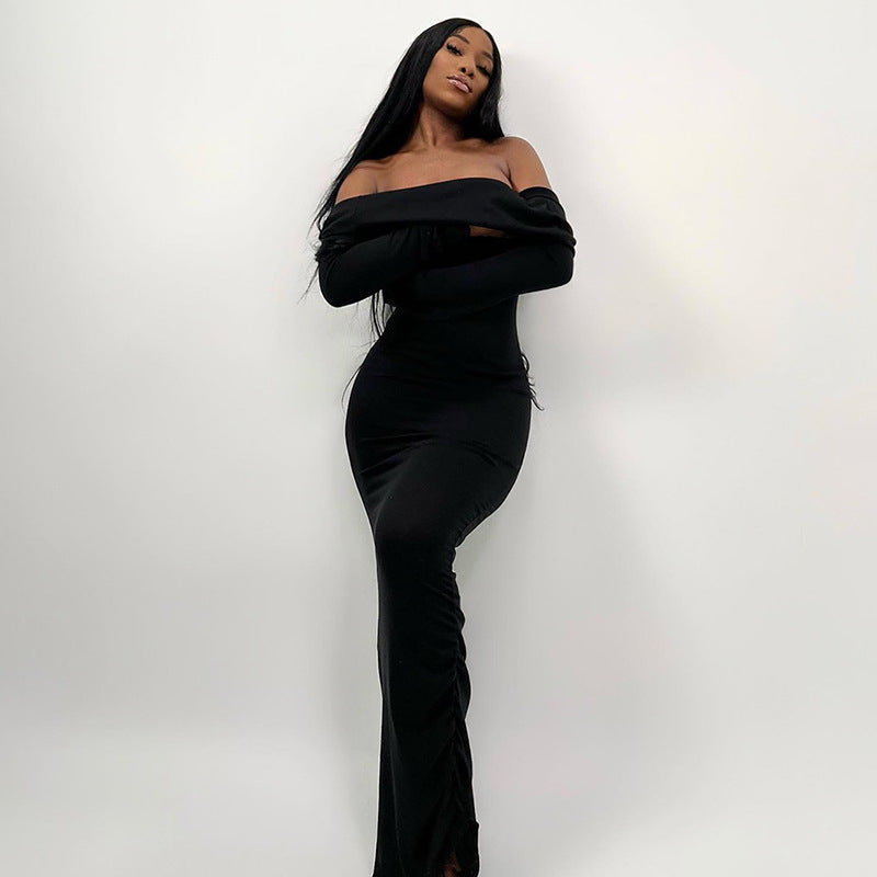 Long Sleeve Backless Maxi Dresses Elegant Sexy Gray Black Knit Dress