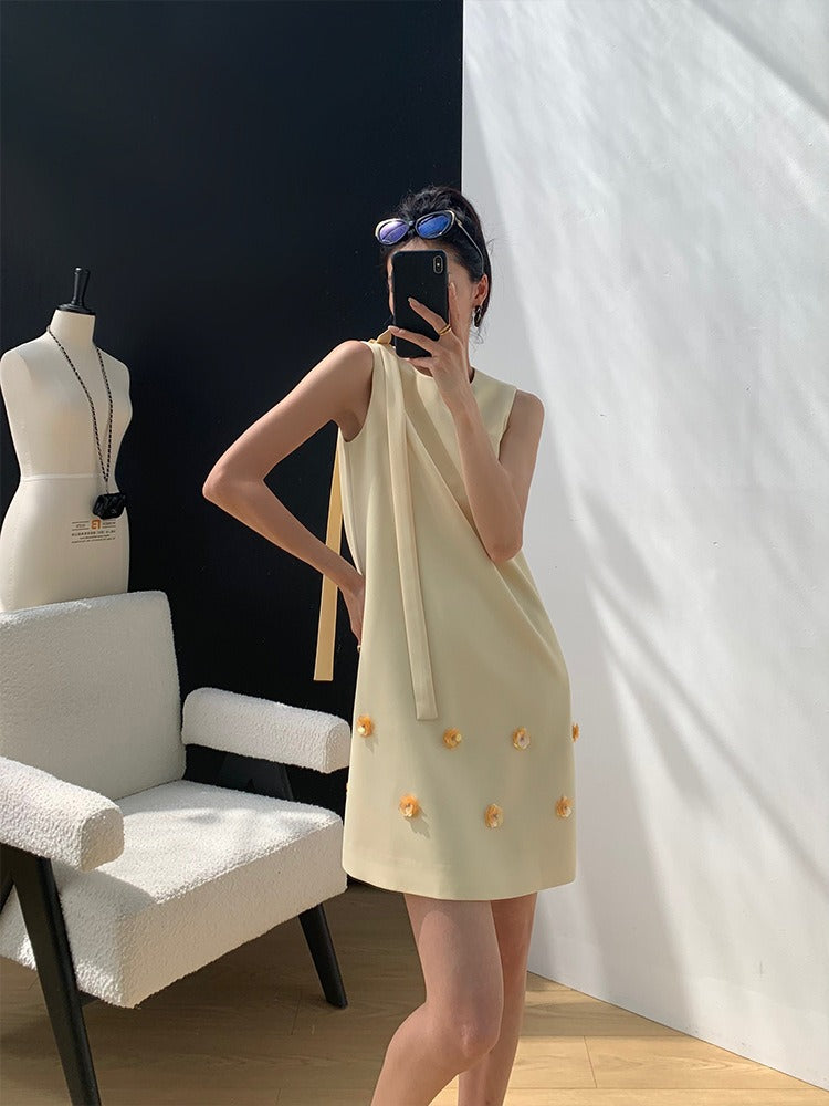French style small fragrance A-line skirt floral heavy industry nail bead round neck ribbon dress sleeveless