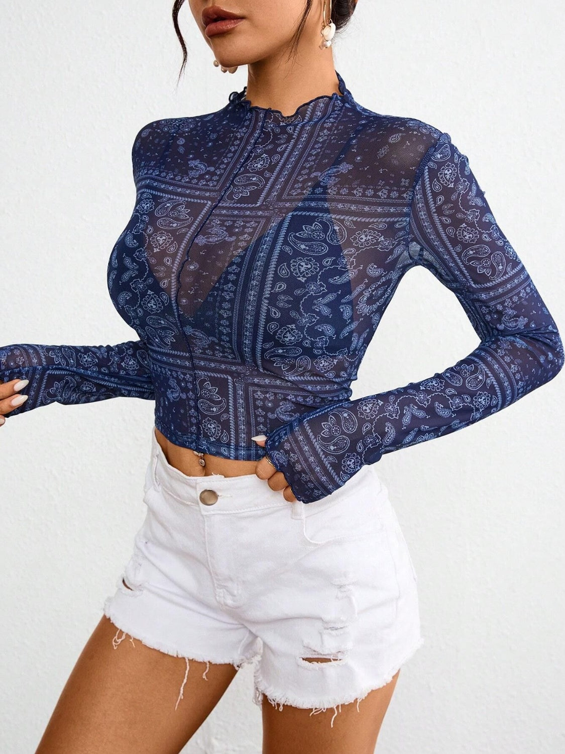 Transparentes Top mit Stehkragen und Paisley-Muster