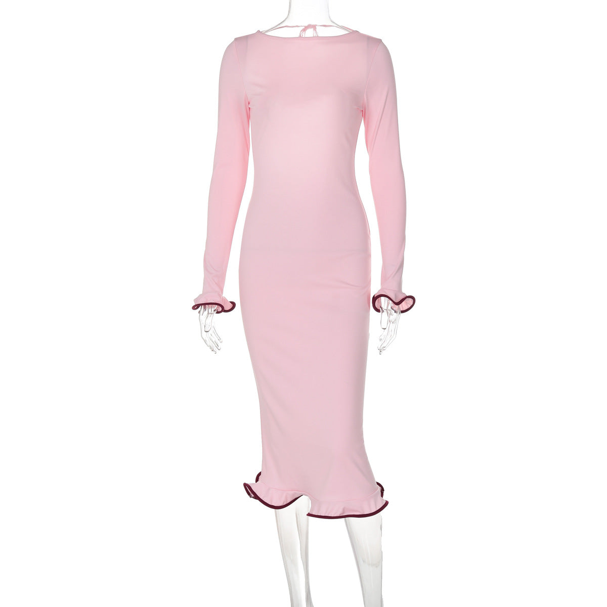 backless flared sleeves with ruffled hem, knitted long skirt, sexy contrasting long dress