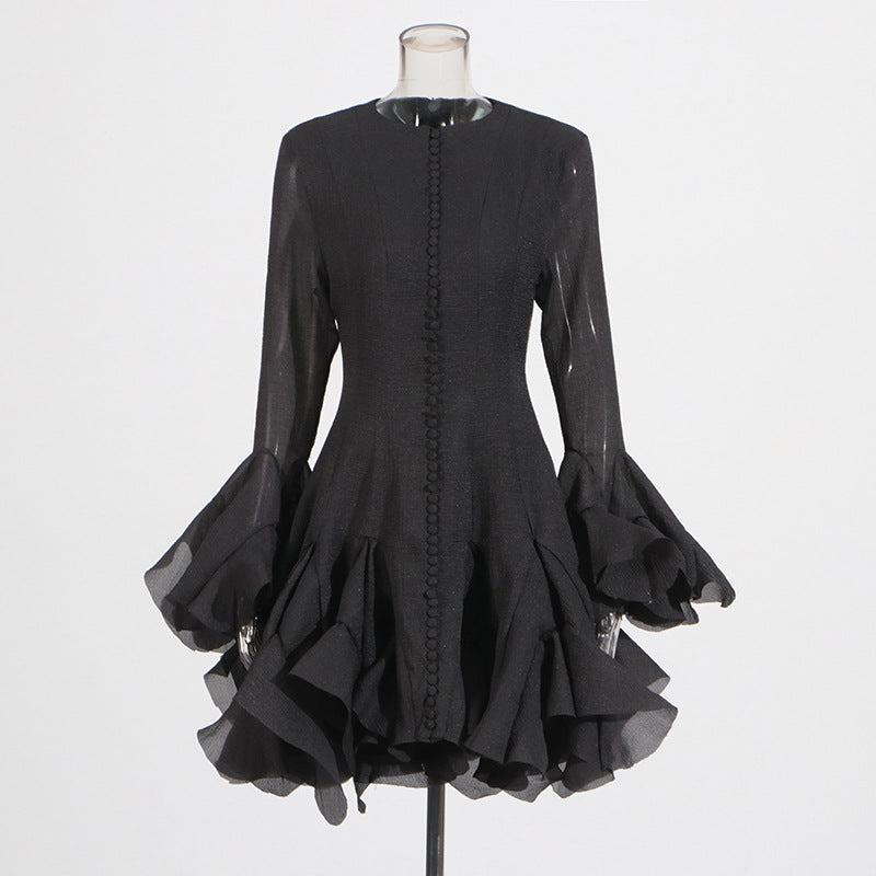 Round neck splicing ruffled mid-length skirt trumpet sleeve mid-length dress