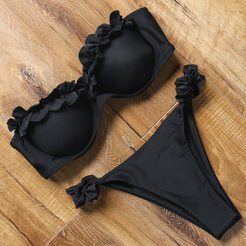 Conjunto de bikini de dos piezas con sujetador push-up sólido