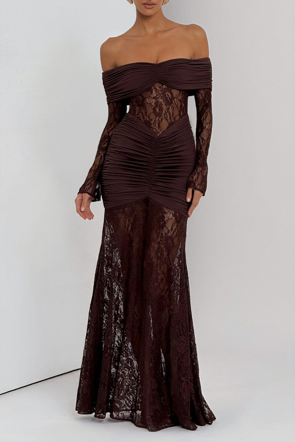 Jacquard Lace Patchwork Off Shoulder Long Sleeve Ruched Maxi Dresses - Yellow