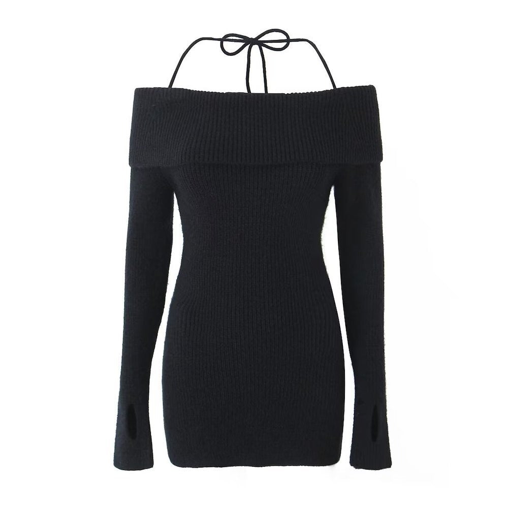 European and American hot girl autumn slim fit one neck lace up short knitted dress