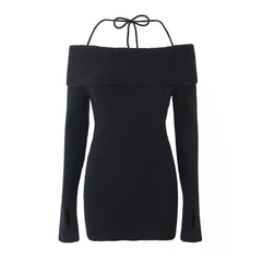 European and American hot girl autumn slim fit one neck lace up short knitted dress