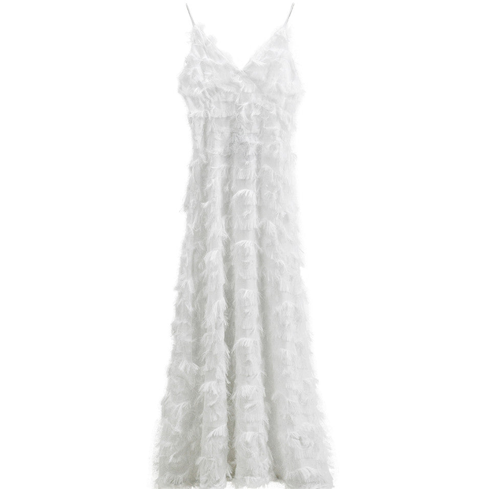 Open Back Feather Lace Party Maxi Dress