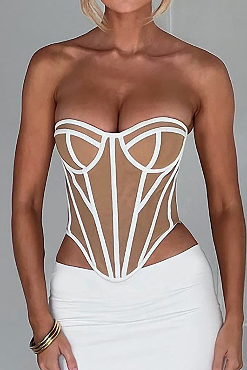 Sweetheart Neck Backless Line Print Irregular Hem Slim Tube Top