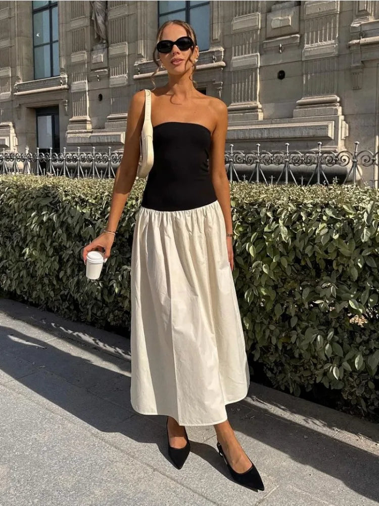 contrasting color strapless sleeveless dress