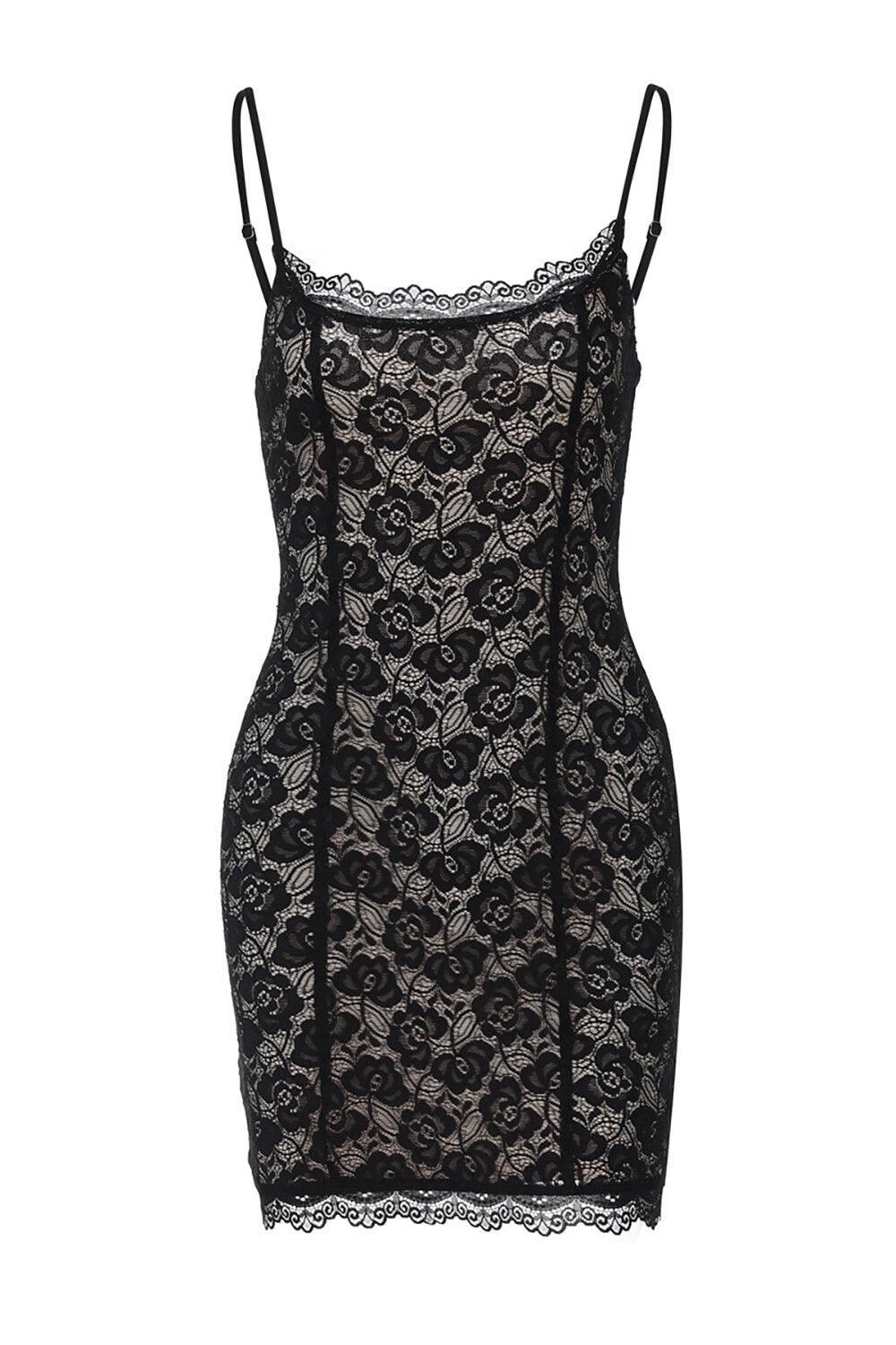 Floral Lace Slim Fit Spaghetti Strap Mini Dresses - Black