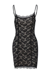Floral Lace Slim Fit Spaghetti Strap Mini Dresses - Black