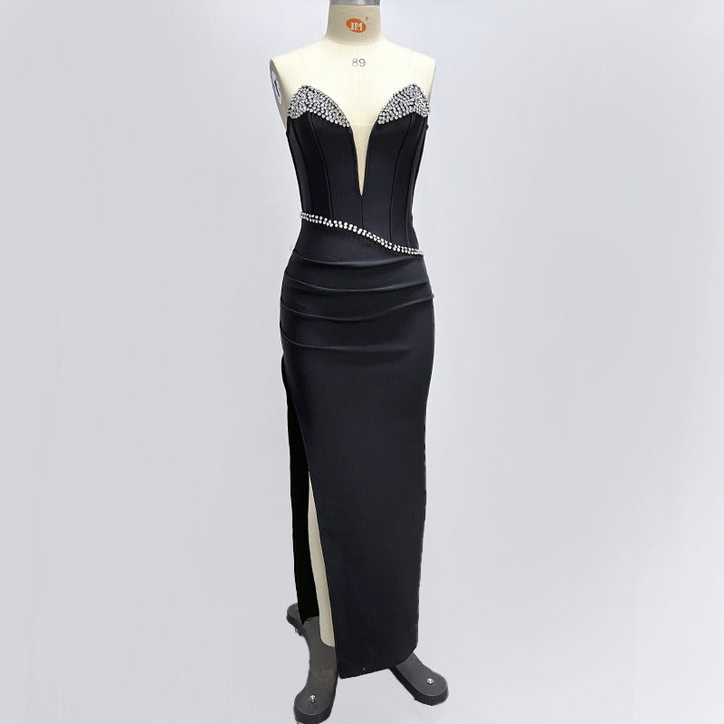 black backless one shoulder strapless sequin patchwork tight long hip hugging dress formal dress