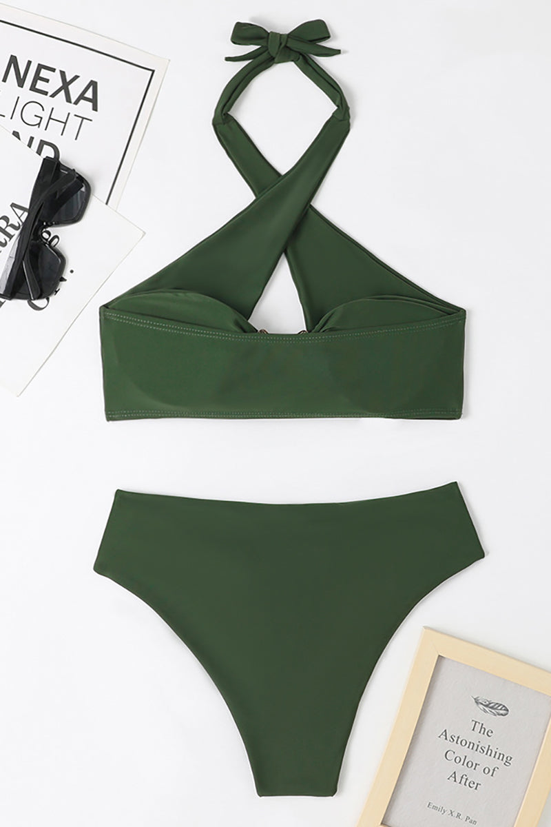 Crossover Cut Out Halter Neck Metal Decor High Waist Bikini Two - Piece Set Swimsuit