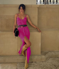 Europe and the United States style single-breasted V-neck sexy halter front slit Slim dresses