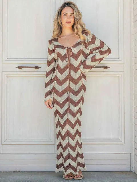 GACVGA Knitted Stripe Full Sleeve Maxi Dress Hollow Out Beach Elegant Slim Party Club Long Dress